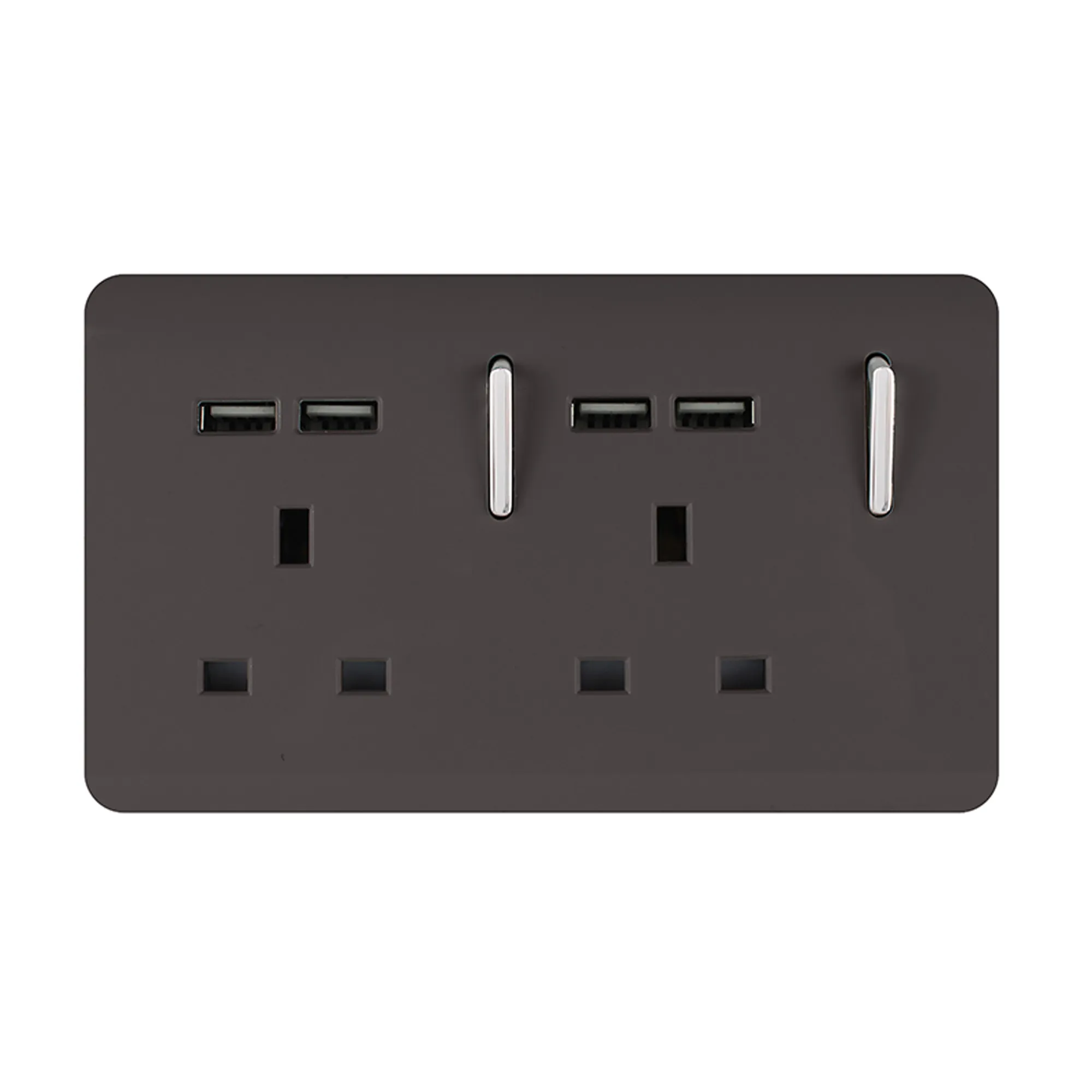 2 Gang 13Amp Switched Double Socket With 4X 2.1Mah USB Dark Brown